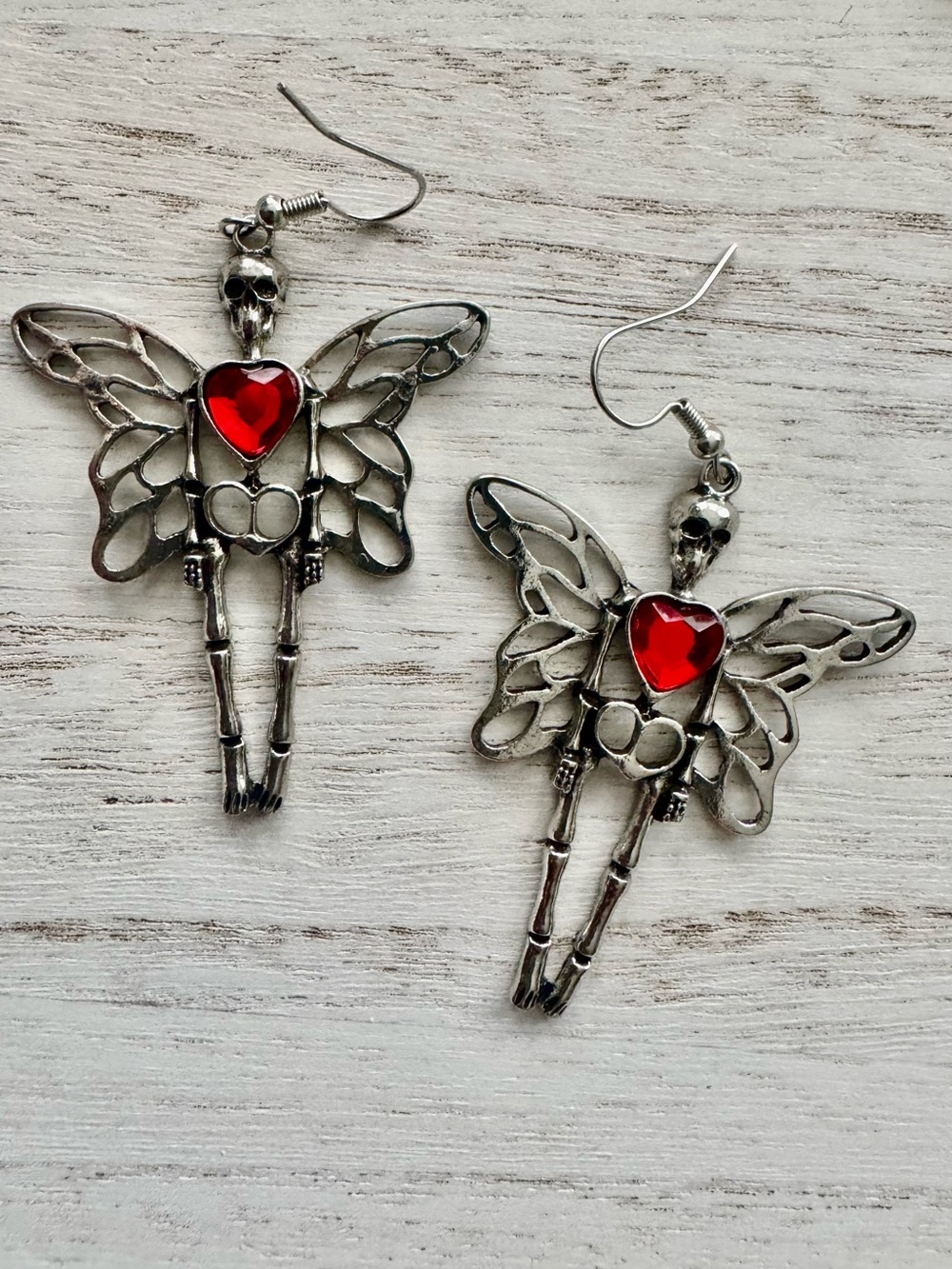 Silver Skeleton Fairy Earrings with Red Heart Gem 2” long - Picture 2 of 7